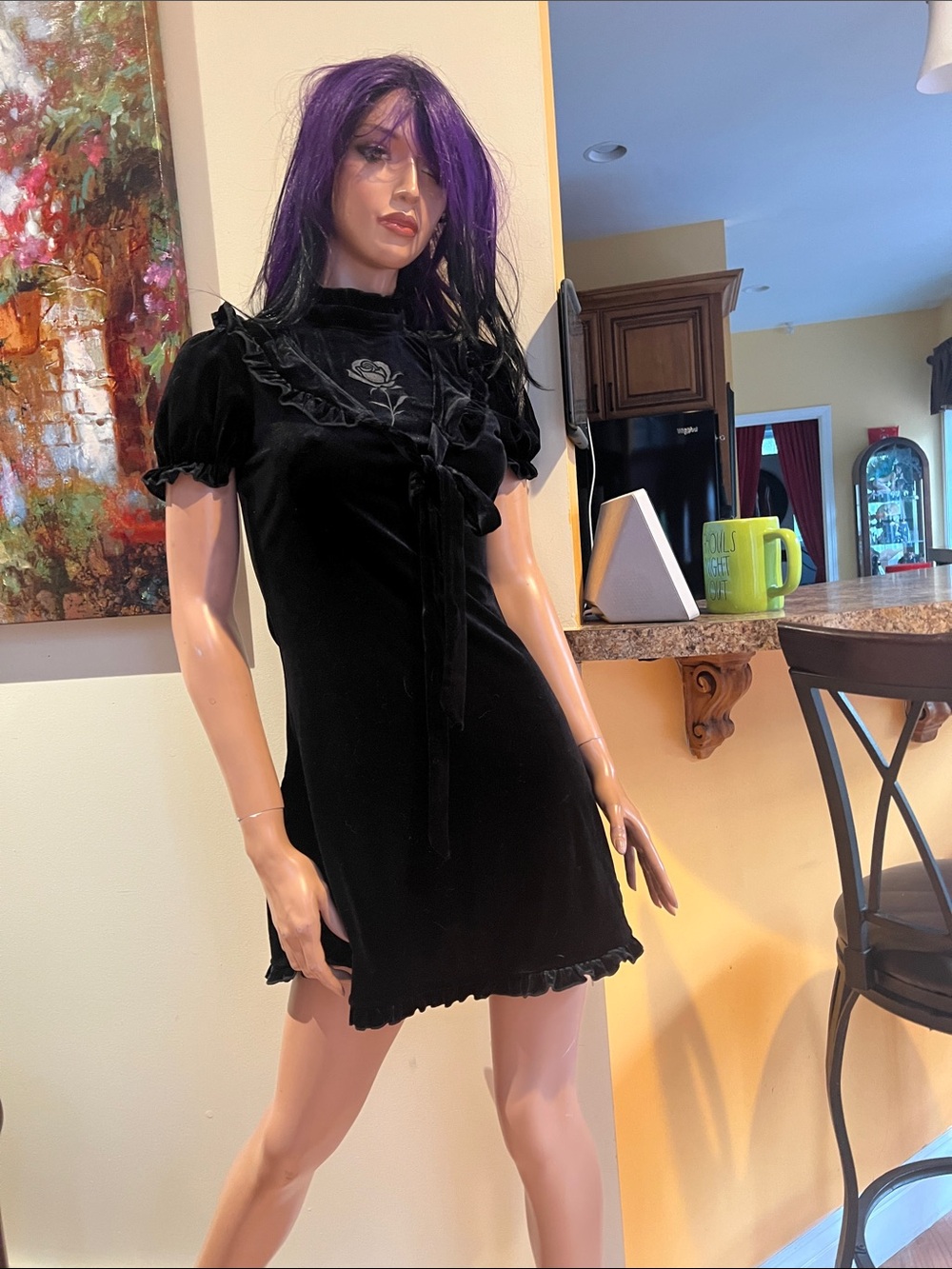Black Rose S goth gothic Velvet Ruffle Mini Dress with Tie Neck nwt
